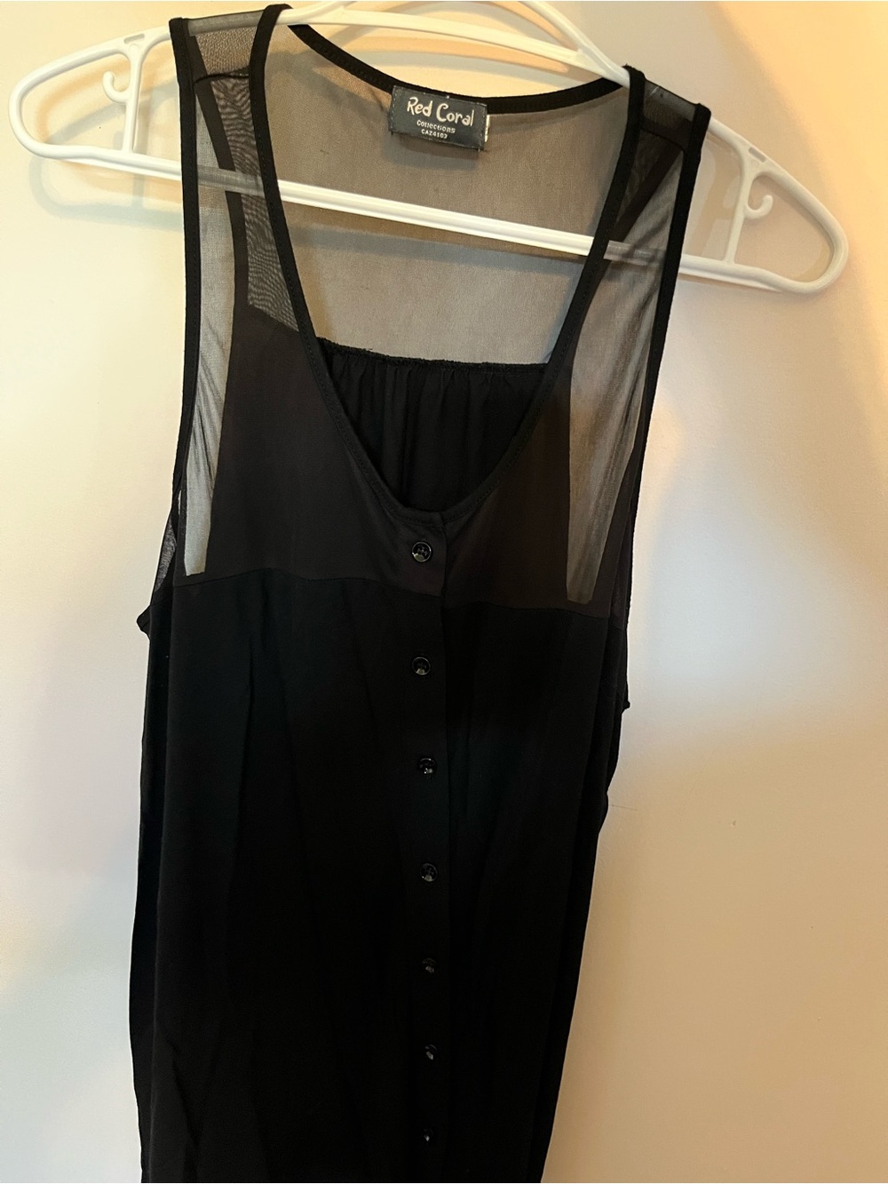 Red Coral Sheer Black Button-Front Tank